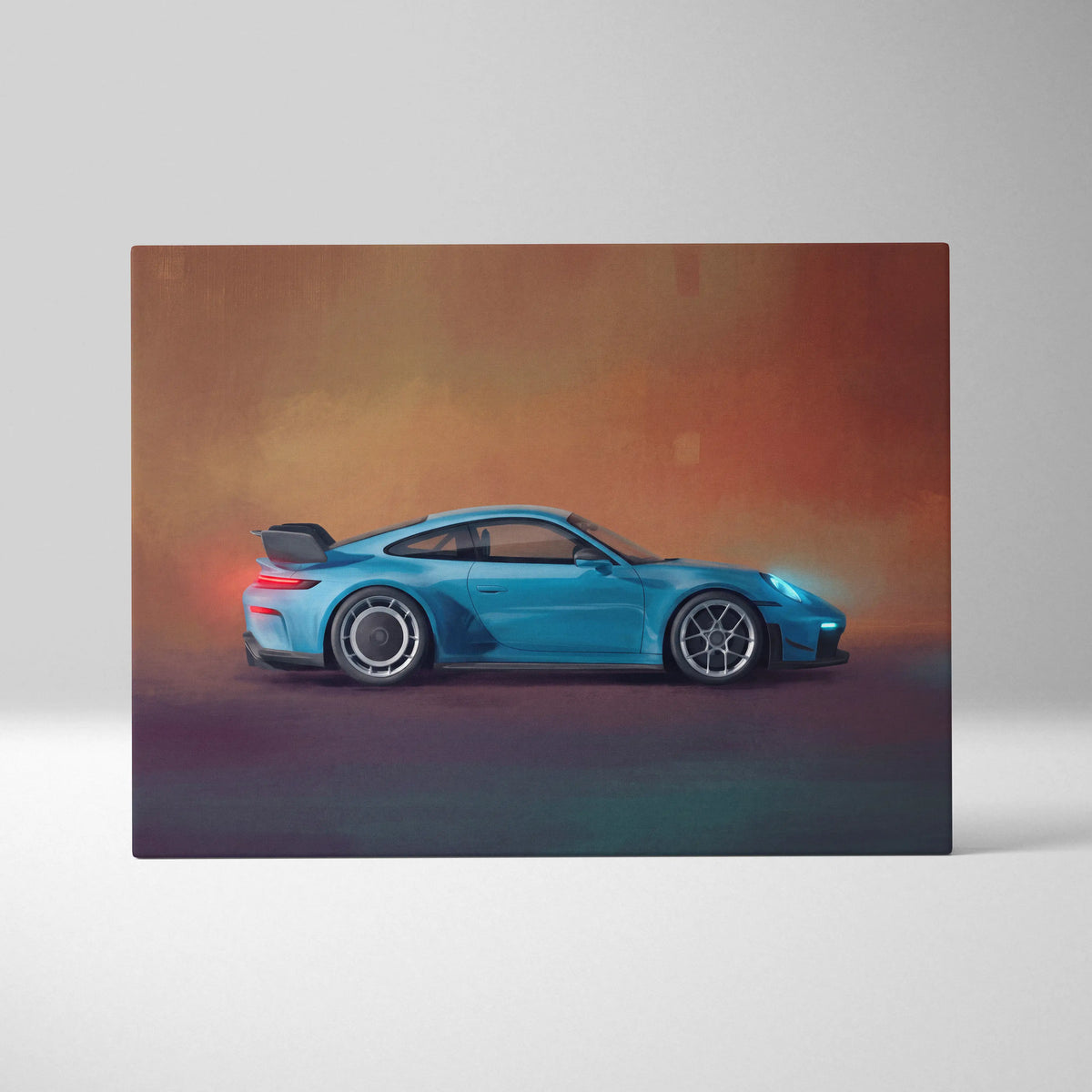 Porsche 911 GT3 RS inspired blue sports car wall art canvas print with sleek aerodynamic racing design
