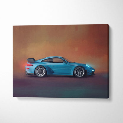 Blue porsche 911 gt3 rs inspired track edition canvas print featuring sporty design with glowing red taillights and silver wheels