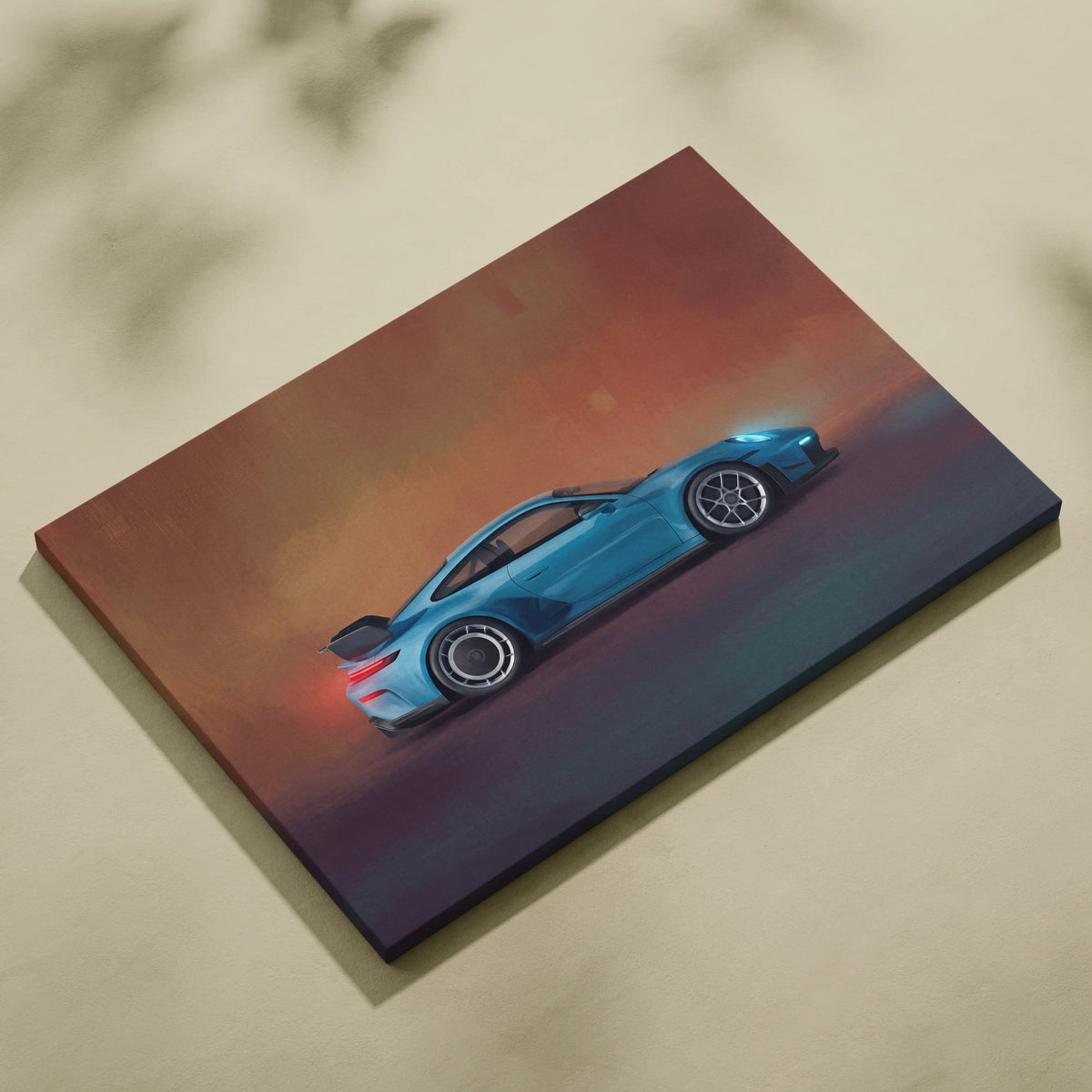 Porsche 911 gt3 rs inspired blue sports car illustration on stretched canvas for track edition wall art