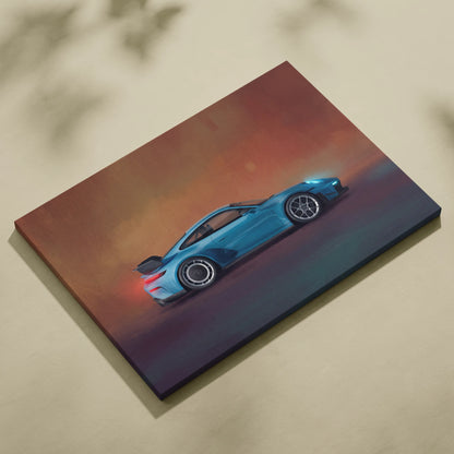 Porsche 911 gt3 rs inspired blue sports car illustration on stretched canvas for track edition wall art