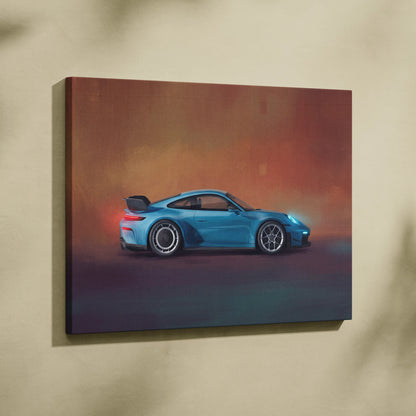 Blue Porsche 911 GT3 RS inspired canvas painting with sleek design and vibrant gradient background wall art print