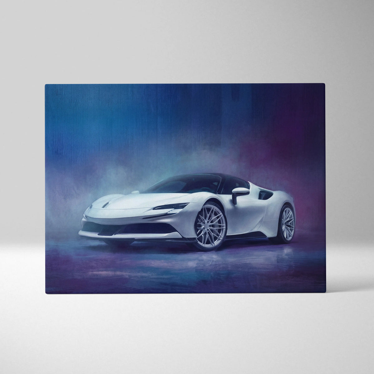 White Ferrari SF90 Stradale inspired sports car wall art with sleek lines and blue purple ambient lighting on canvas print