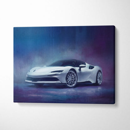 White Ferrari SF90 Stradale inspired sports car canvas print with sleek design and metallic silver wheels on blue purple background