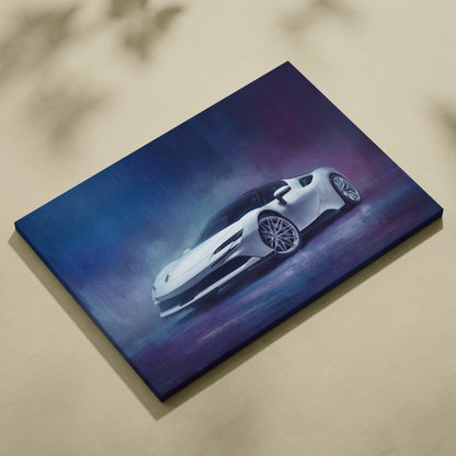 Ferrari SF90 Stradale inspired white sports car canvas print with sleek aerodynamic design and metallic rims on blue-purple background