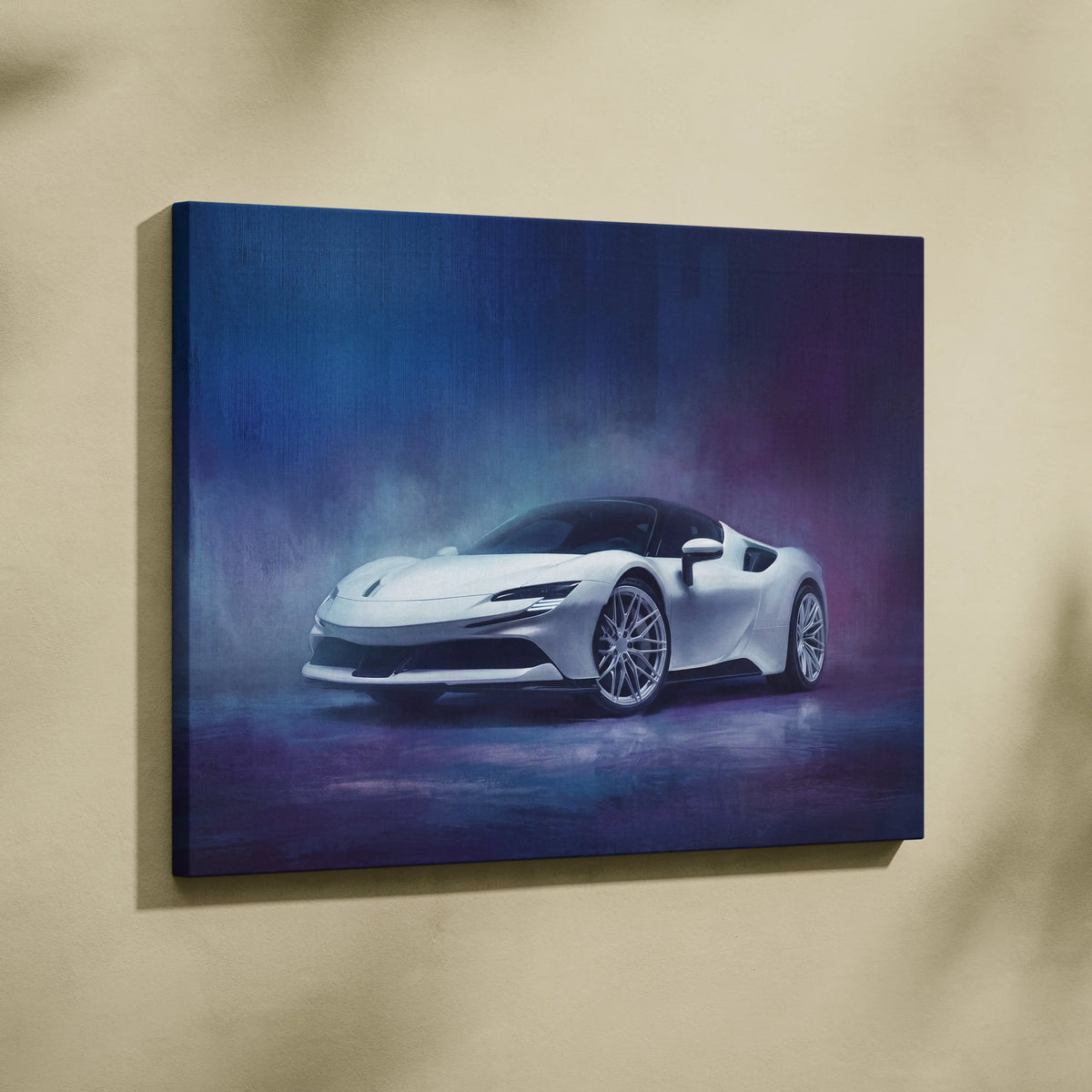 White Ferrari SF90 Stradale inspired sports car canvas print with sleek design on vibrant blue-purple gradient background