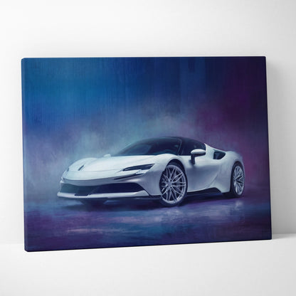 White Ferrari SF90 Stradale inspired sports car on canvas with sleek design and metallic rims against blue-purple background