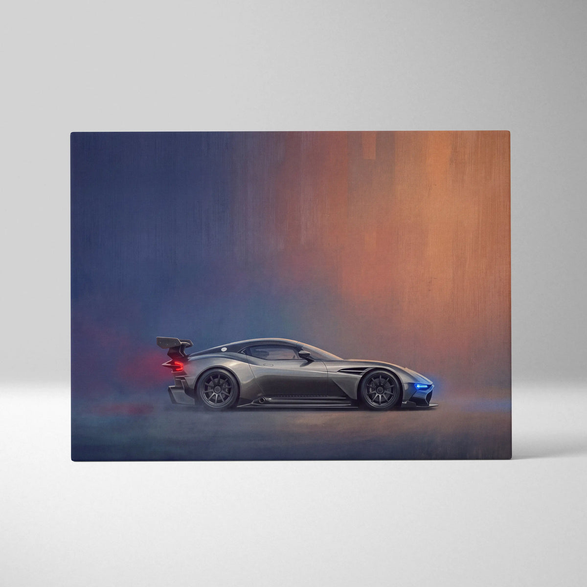 Aston martin valkyrie race car track edition canvas painting print featuring a sleek matte gray side profile design