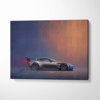 Aston Martin Valkyrie matte gray sports car canvas print with glowing blue and red wheel and taillight accents