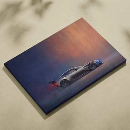 Aston Martin Vulcan inspired silver sports car wall art on rectangular canvas with dramatic orange and blue gradients