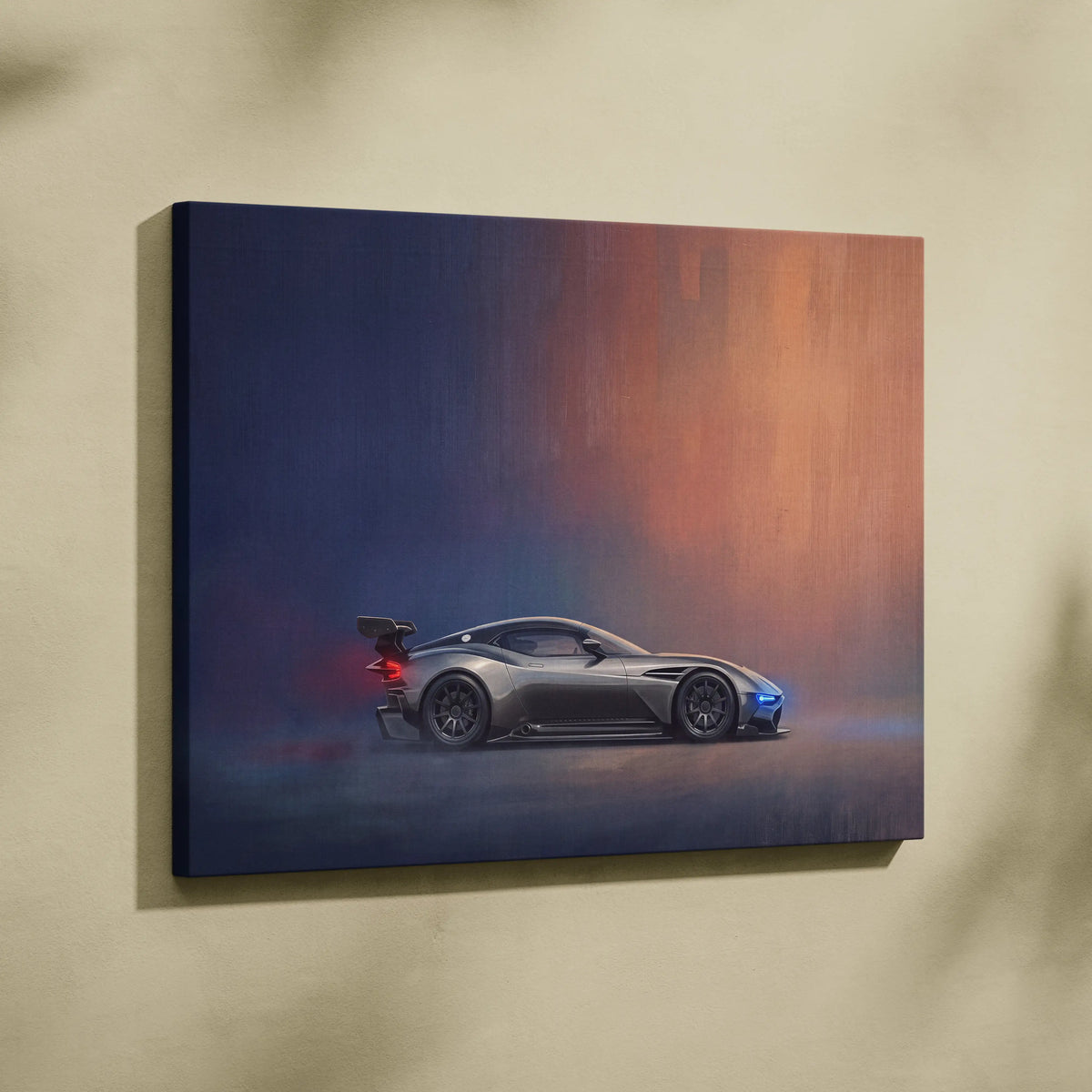 Aston martin valkyrie sports car wall art canvas print with matte gray finish and blue orange gradient lighting