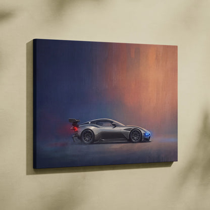 Aston martin valkyrie sports car wall art canvas print with matte gray finish and blue orange gradient lighting