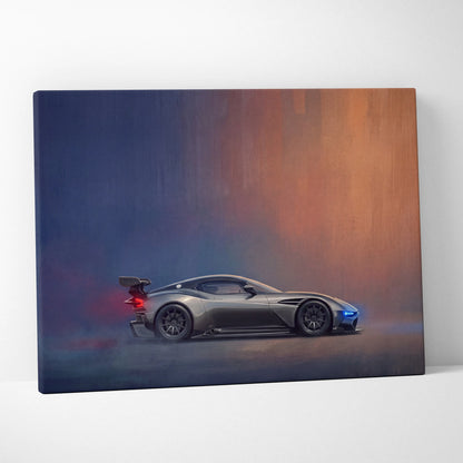 Gray aston martin valkyrie race car canvas print with glowing red and blue lights for track edition wall art