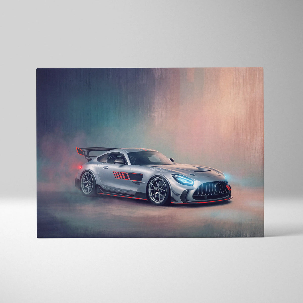 Silver mercedes-amg gt r race car with red accents and glowing headlights on luxury supercar canvas print