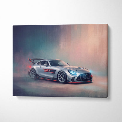Silver mercedes-amg gt r sports car with red accents and black racing stripes on dynamic drift canvas wall art