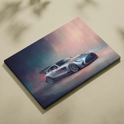 Silver and red mercedes-amg gt r race car canvas print luxury supercar wall art for automotive decor