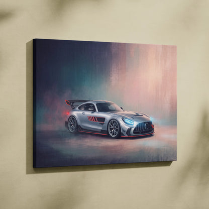 Silver and red mercedes-amg gt r race car canvas print with glowing headlights and smoky background wall art
