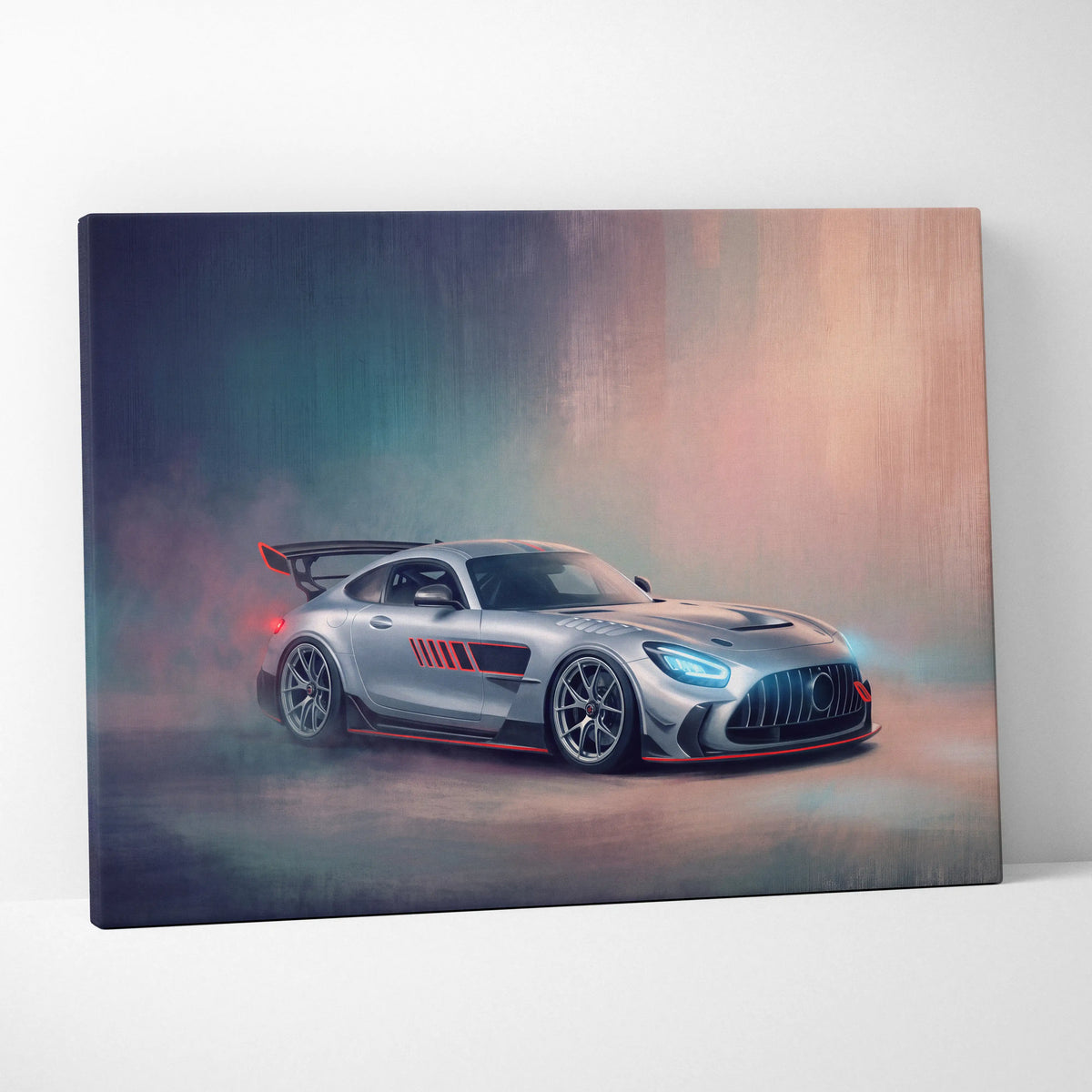 Mercedes-AMG GT black series inspired sports car canvas print with silver and red colors and glowing blue headlights
