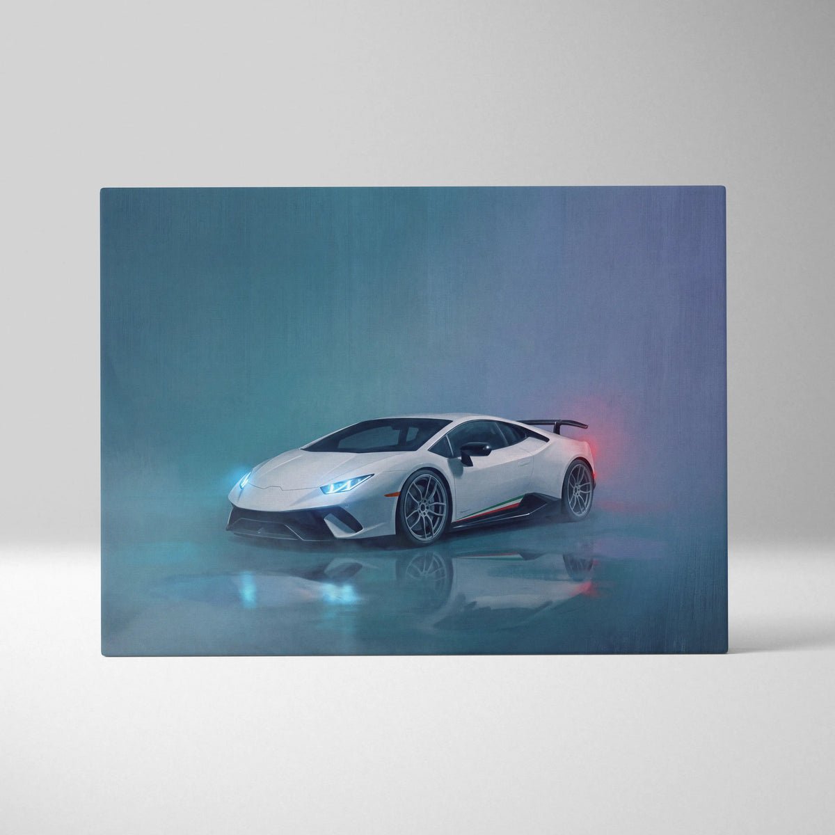 White Lamborghini Huracán STO inspired sports car canvas art print with glowing blue and red accents for wall decor