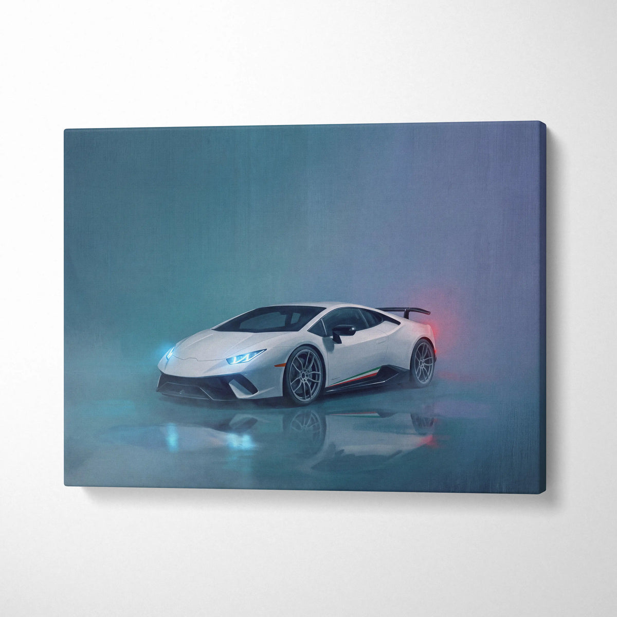 White Lamborghini Huracán STO inspired sports car canvas print with glowing blue headlights and red taillights in mist