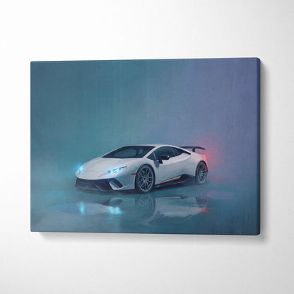 White Lamborghini Huracán STO inspired sports car canvas print with glowing blue headlights and red taillights in mist