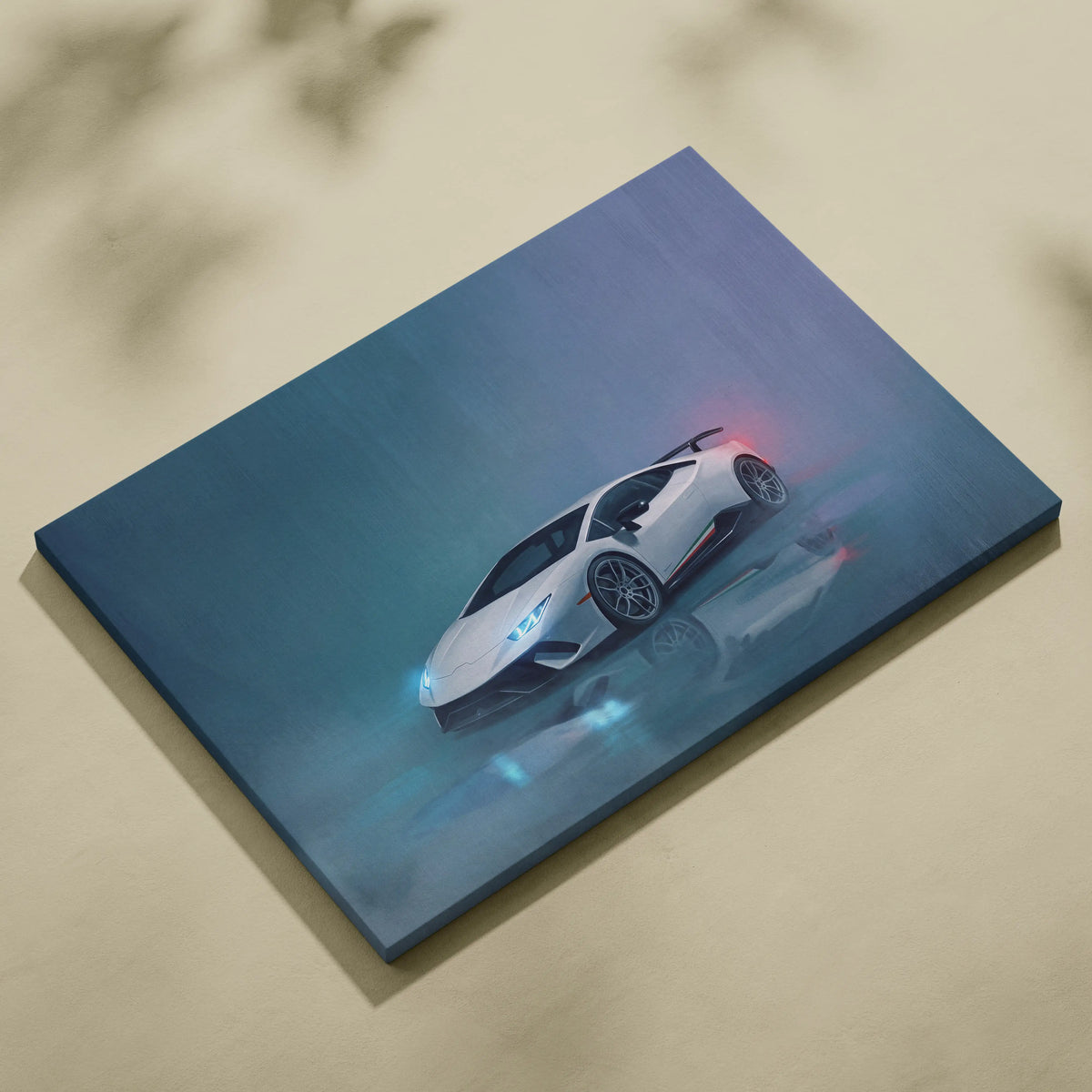 White Lamborghini Huracán STO inspired supercar canvas art with glowing blue and red accents for custom wall decor