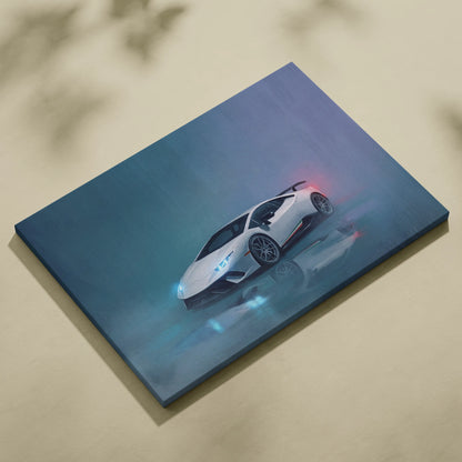 White Lamborghini Huracán STO inspired supercar canvas art with glowing blue and red accents for custom wall decor