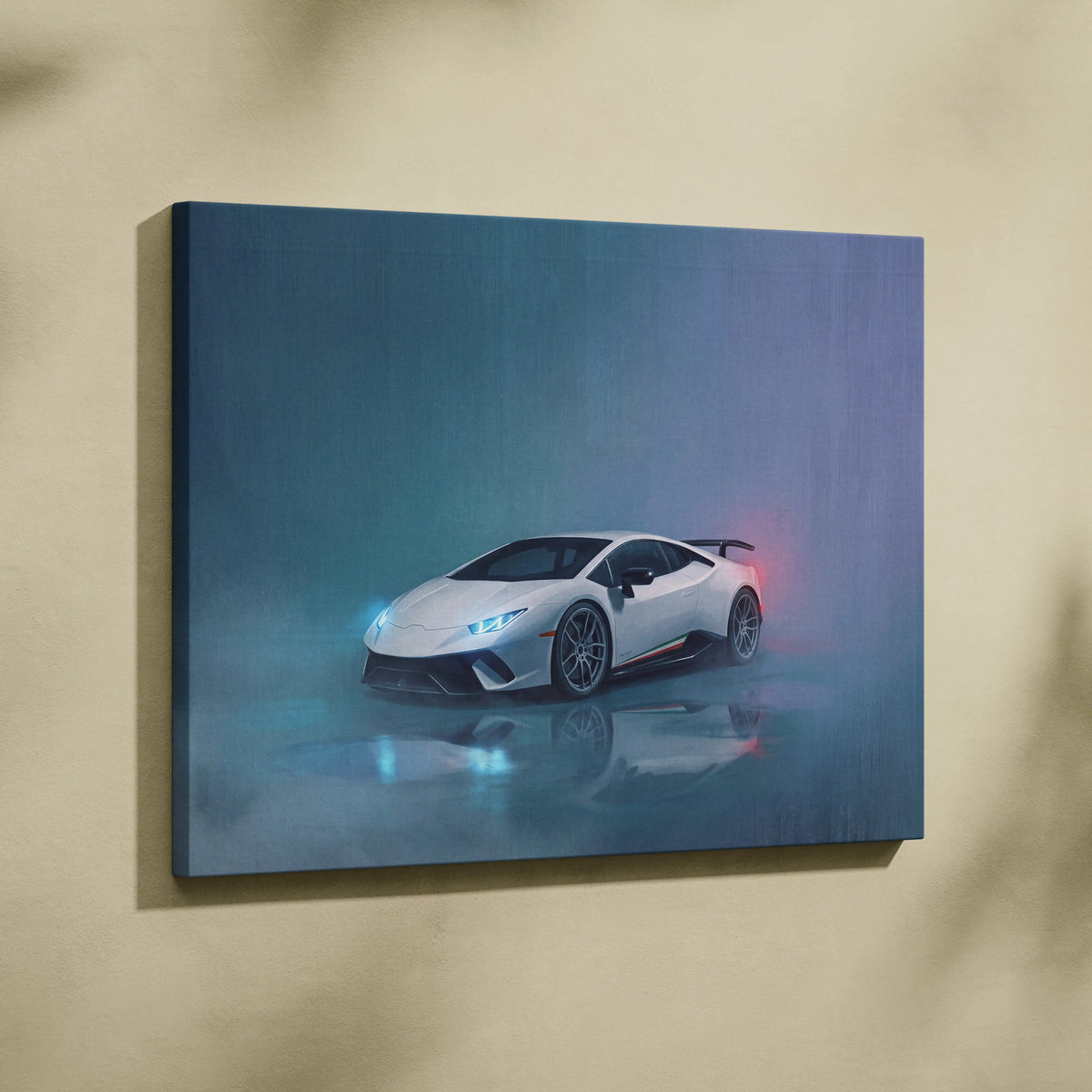 White Lamborghini Huracán STO inspired supercar canvas art featuring a sleek glossy finish with blue and red light accents