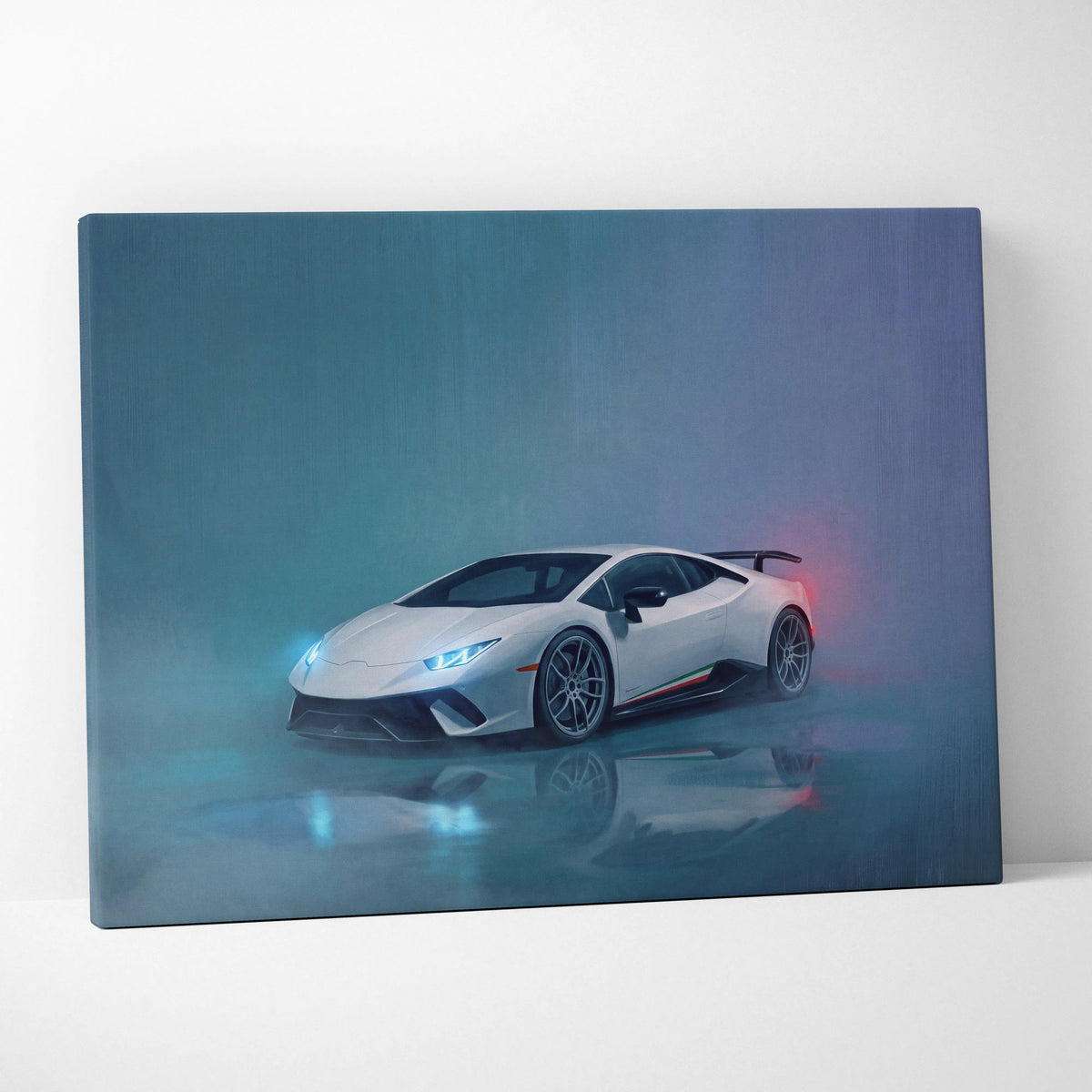 Lamborghini Huracán STO inspired supercar canvas art featuring a white sports car with glowing blue and red accents