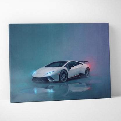 Lamborghini Huracán STO inspired supercar canvas art featuring a white sports car with glowing blue and red accents