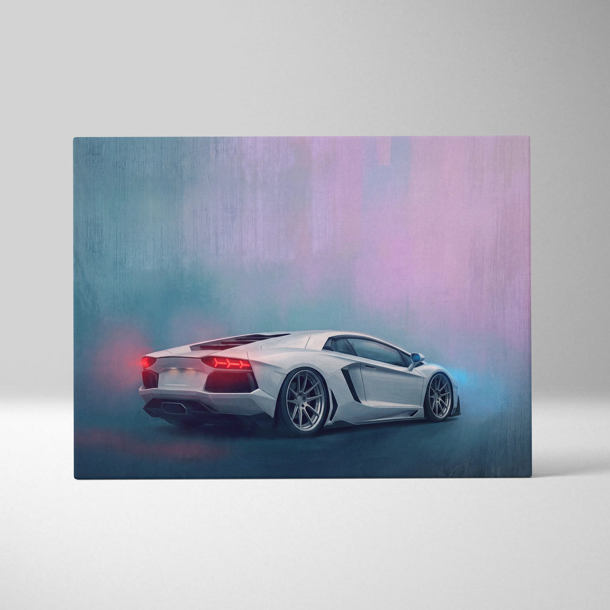 A sleek white Lamborghini Aventador canvas art with glowing red taillights and misty gradient background hues