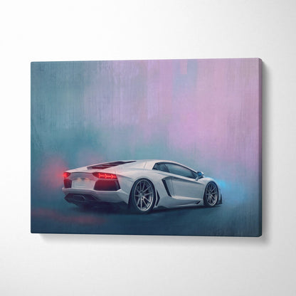 White Lamborghini Aventador inspired canvas art featuring glowing red taillights and sleek aerodynamic design