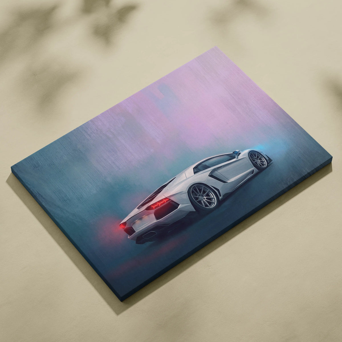 Silver Lamborghini Aventador inspired canvas art with glowing red taillights on a gradient purple-blue background