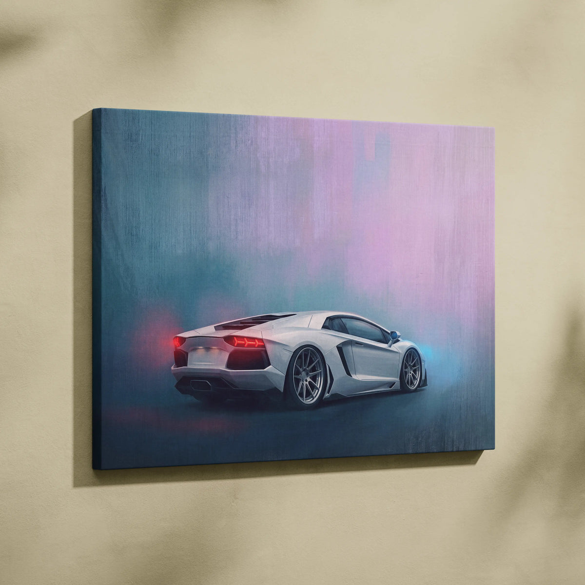 A sleek white Lamborghini Aventador canvas print with glowing red taillights on a blue and purple gradient background