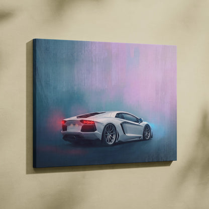 A sleek white Lamborghini Aventador canvas print with glowing red taillights on a blue and purple gradient background