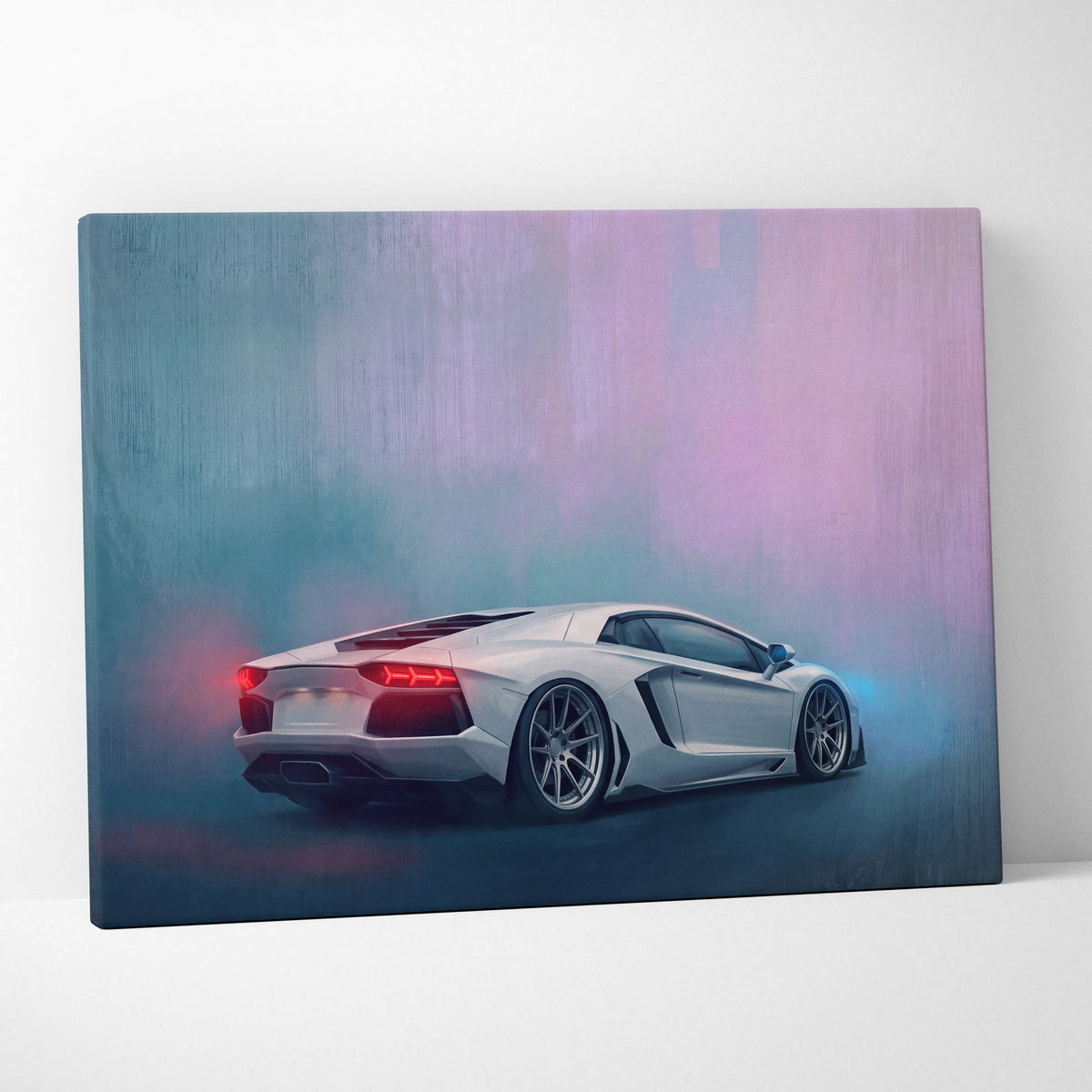 A sleek white lamborghini aventador sports car with glowing red taillights in a stylized canvas painting with blue-purple lighting