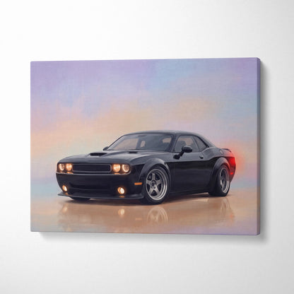 Black matte-finish dodge challenger canvas print with glowing headlights and reflective surface wall art