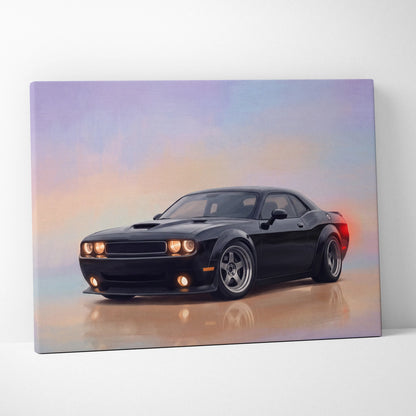 Black matte-finish dodge challenger canvas painting with glowing headlights and vibrant sunset for wall art decor