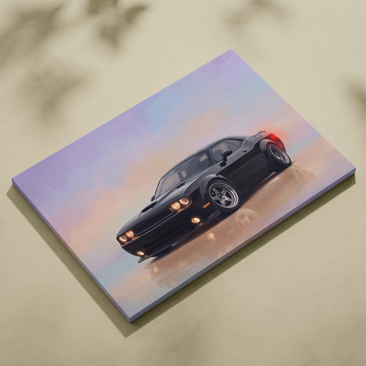 Black dodge challenger inspired muscle car canvas painting with glowing headlights and red taillights on a purple orange sky