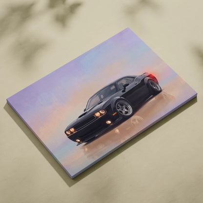 Black dodge challenger inspired muscle car canvas painting with glowing headlights and red taillights on a purple orange sky