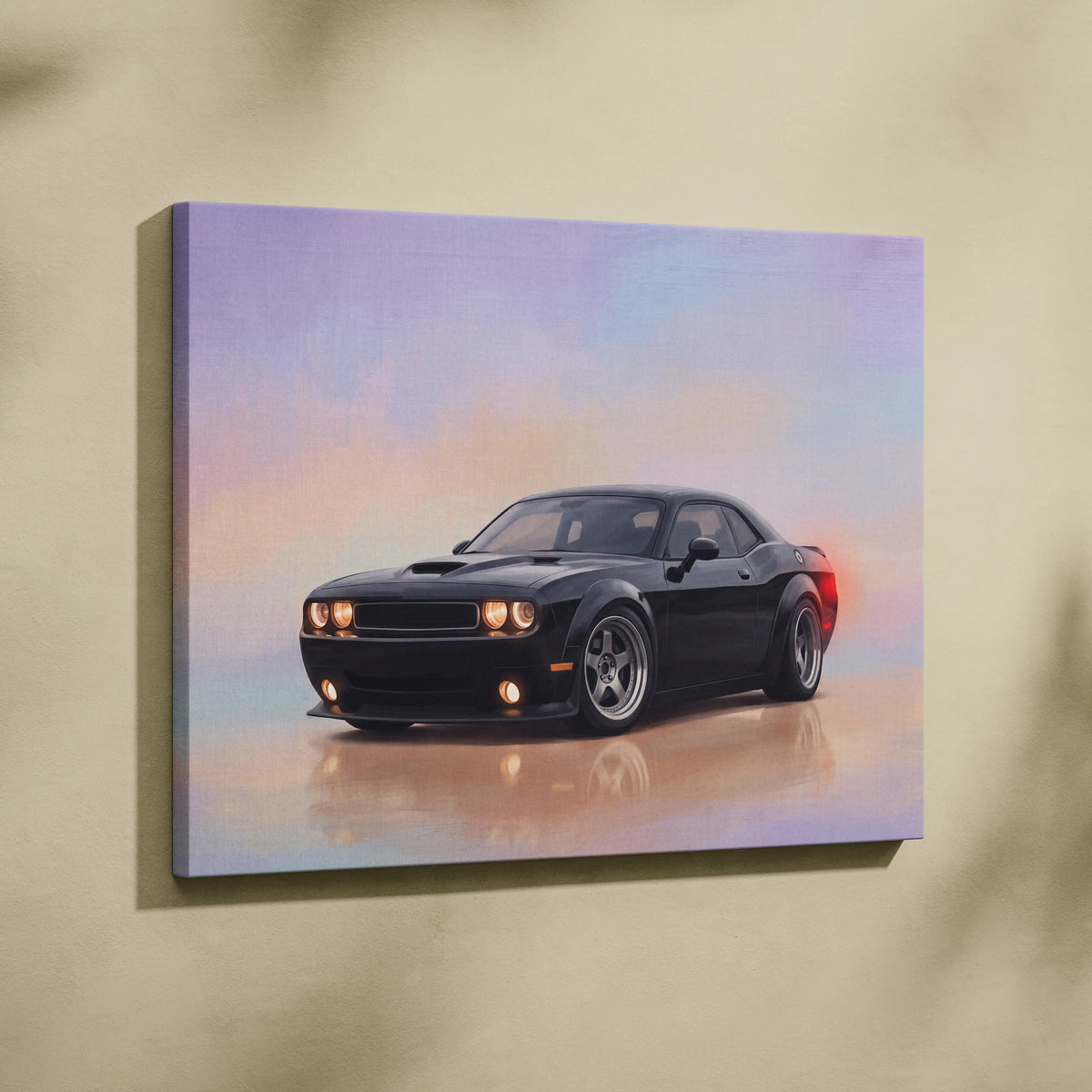Dodge challenger inspired black muscle car canvas painting with glossy finish featuring vibrant sunset backdrop