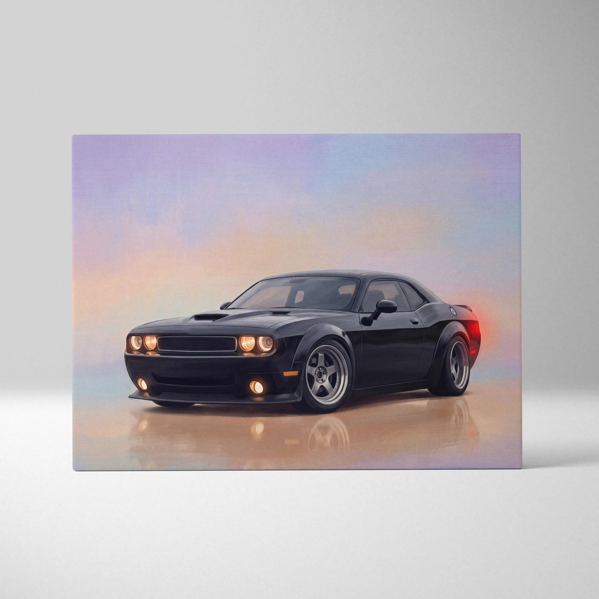 Black matte finish dodge challenger muscle car canvas painting with glowing headlights and vibrant sunset backdrop