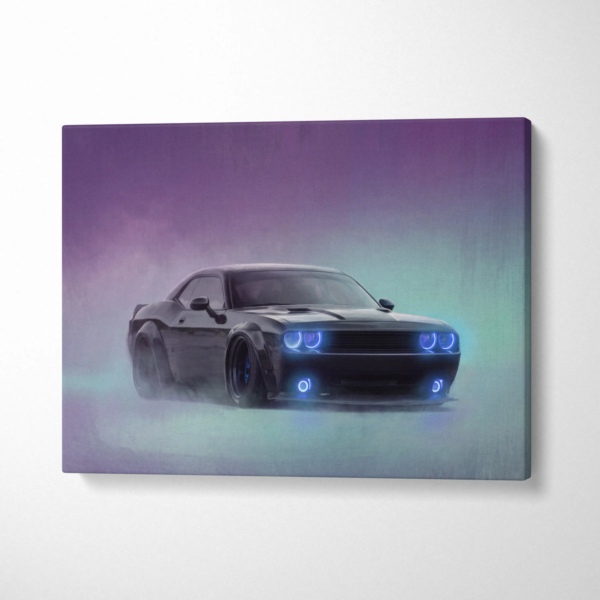 Dodge Challenger Inspired Canvas Art, Neon Blue Glow Custom Car Wall Decor