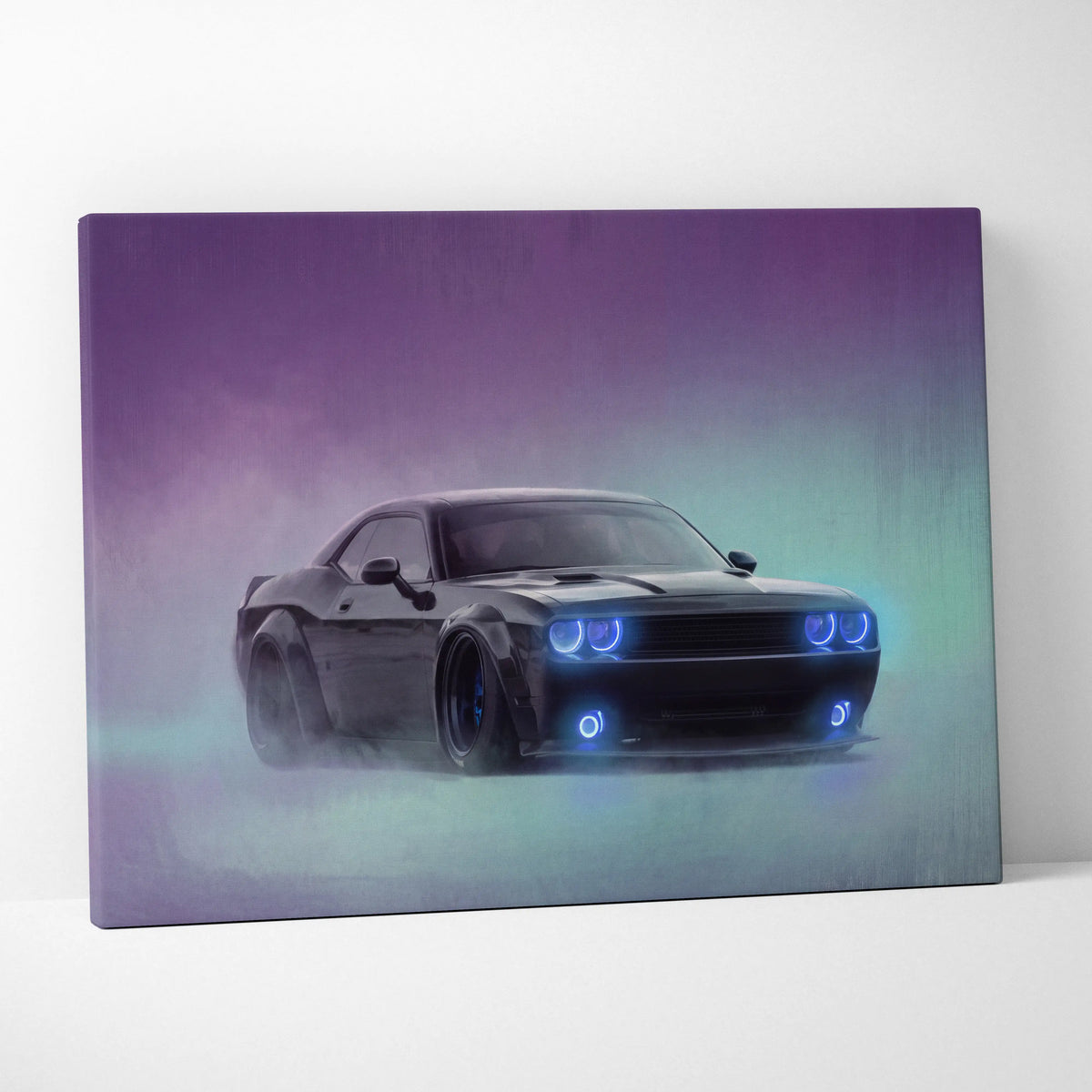 Dodge Challenger Inspired Canvas Art, Neon Blue Glow Custom Car Wall Decor