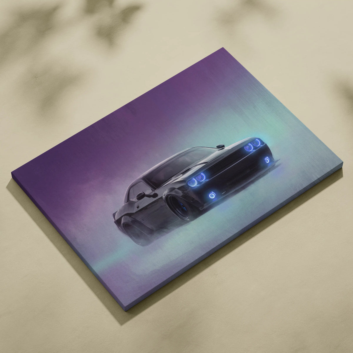 Dodge Challenger Inspired Canvas Art, Neon Blue Glow Custom Car Wall Decor