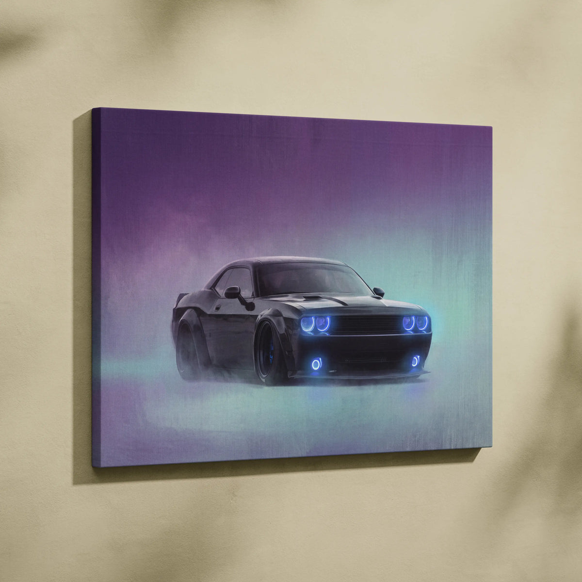 Dodge Challenger Inspired Canvas Art, Neon Blue Glow Custom Car Wall Decor