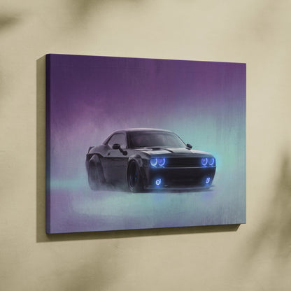 Dodge Challenger Inspired Canvas Art, Neon Blue Glow Custom Car Wall Decor
