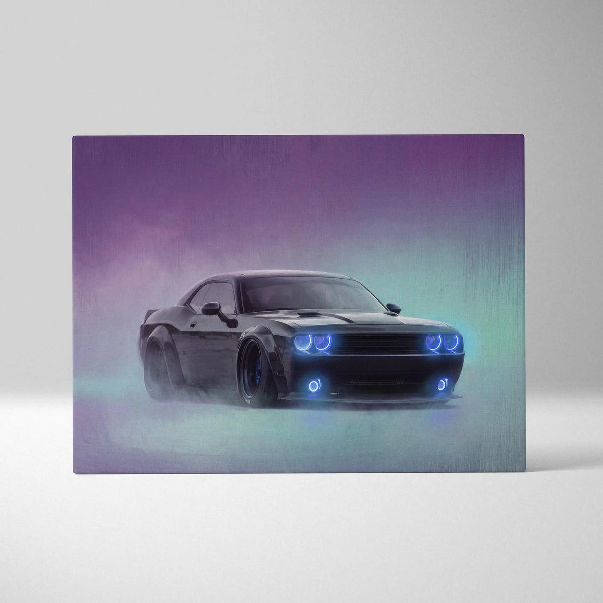 Dodge Challenger Inspired Canvas Art, Neon Blue Glow Custom Car Wall Decor
