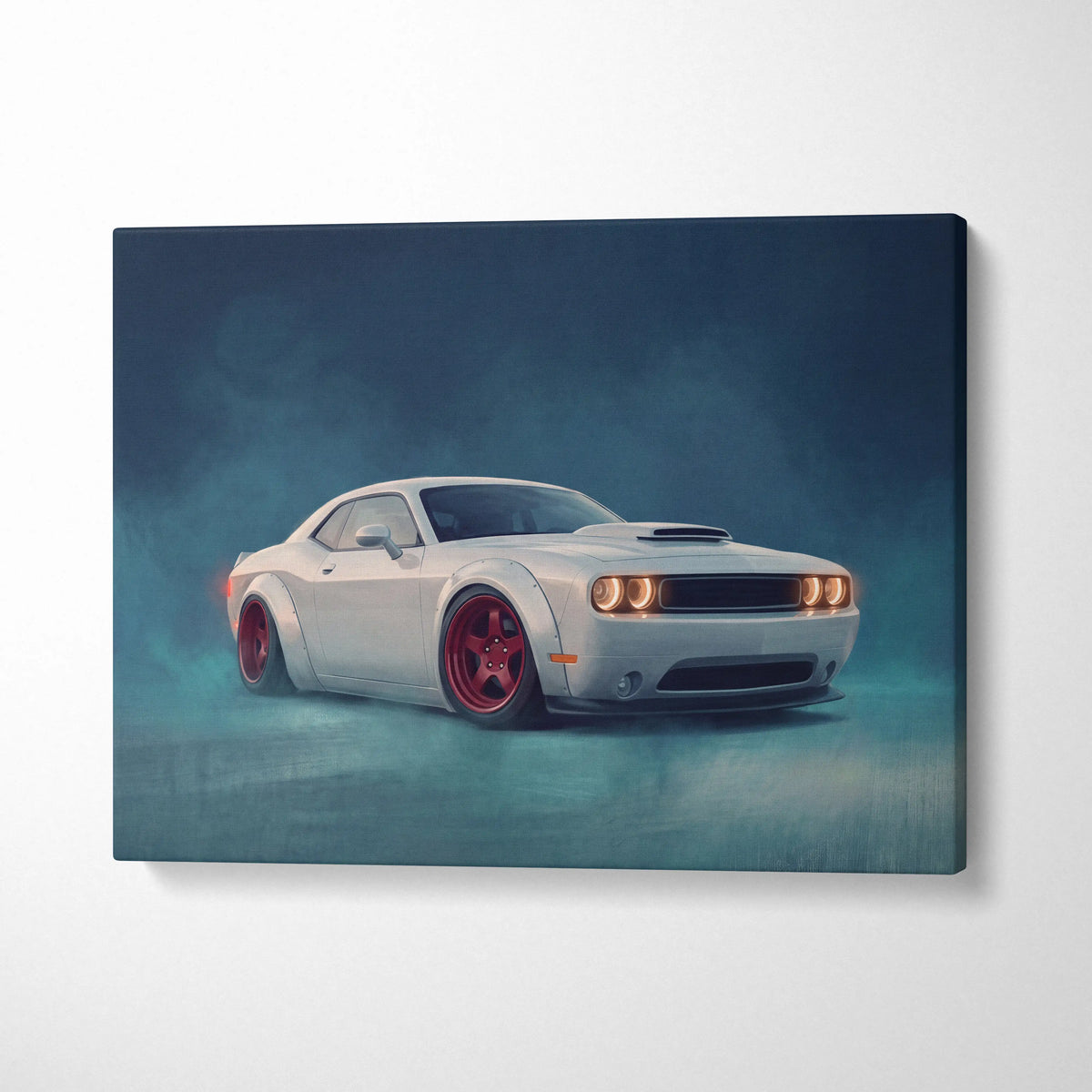 White dodge challenger canvas print featuring a coupe with red wheels and glowing headlights on a smoky teal background