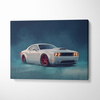 White dodge challenger canvas print featuring a coupe with red wheels and glowing headlights on a smoky teal background
