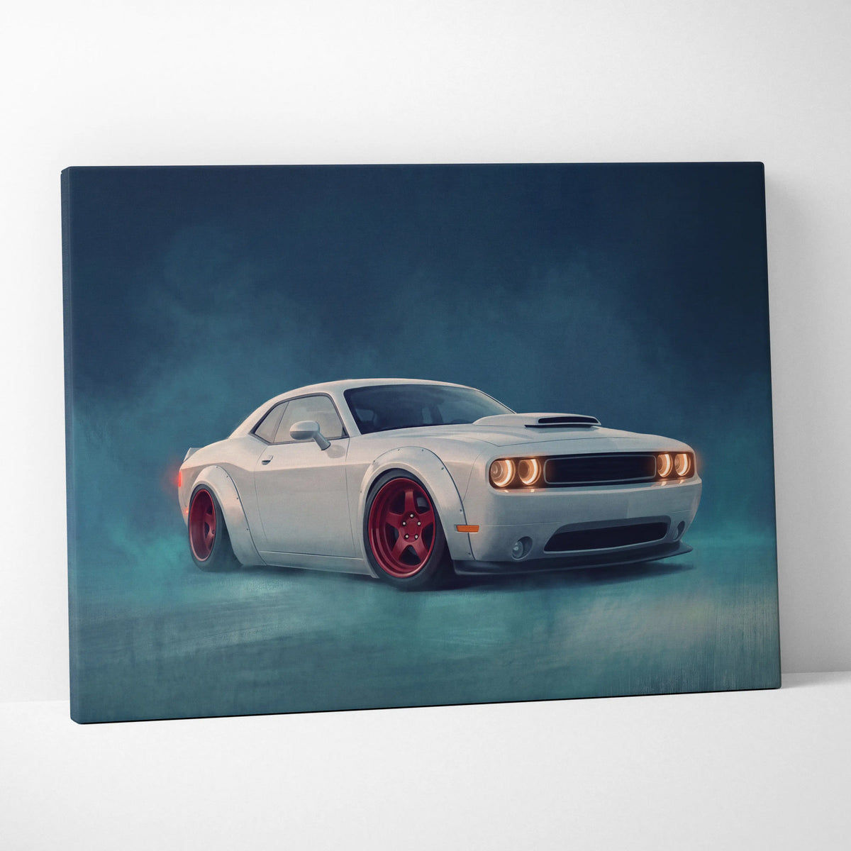 Dodge challenger inspired automotive canvas print of a white coupe with red wheels wall art on canvas